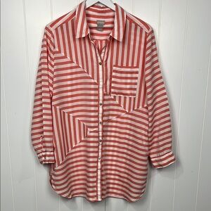 Chico’s Womens Tunic 3 Orange White Splice Stripes Button Up Button Cuff Pockets